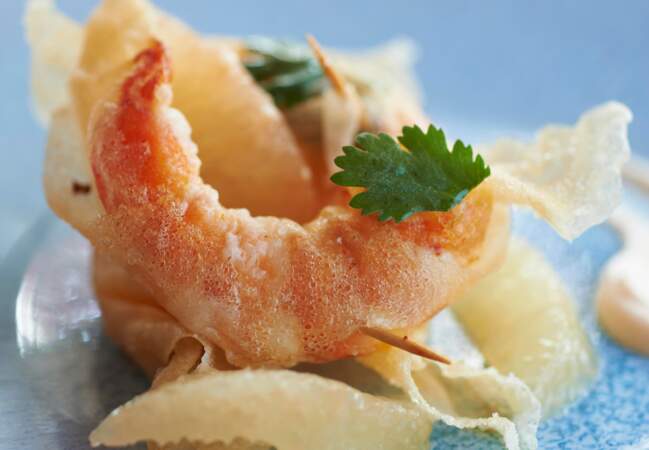 Gambas en tempura et sauce pamplemousse