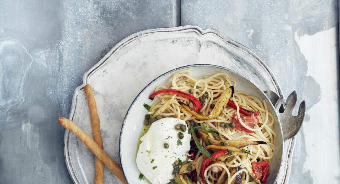 Spaghetti aux légumes et buratta	 