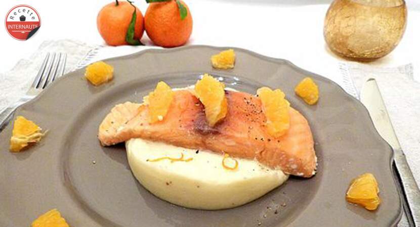 Saumon confit à l'huile d'olive, mandarine et sa mousseline de panais, de Hilarycuisine