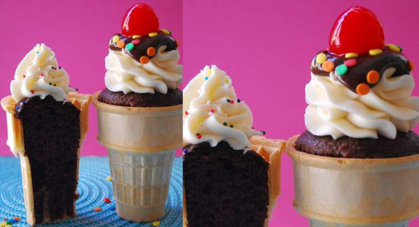 Cupcakes cones au chocolat et à la cerise confite