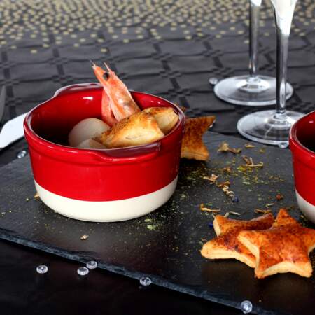 Cassolette de Saint-Jacques - crevette et poireau