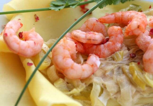 Lasagne légère aux crevettes et fondue de poireaux