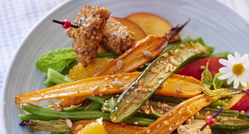 Légumes rôtis, salade fruitée et falafels