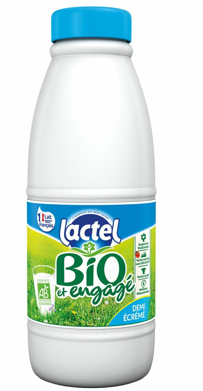 Lait demi-écrémé bio, Lactel Bio, 1,26 € le litre, en grandes surfaces.
