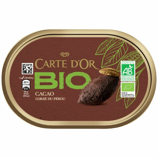 Glace bio cacao corsé du Pérou, 5,99 € (450 ml), Carte d’Or.