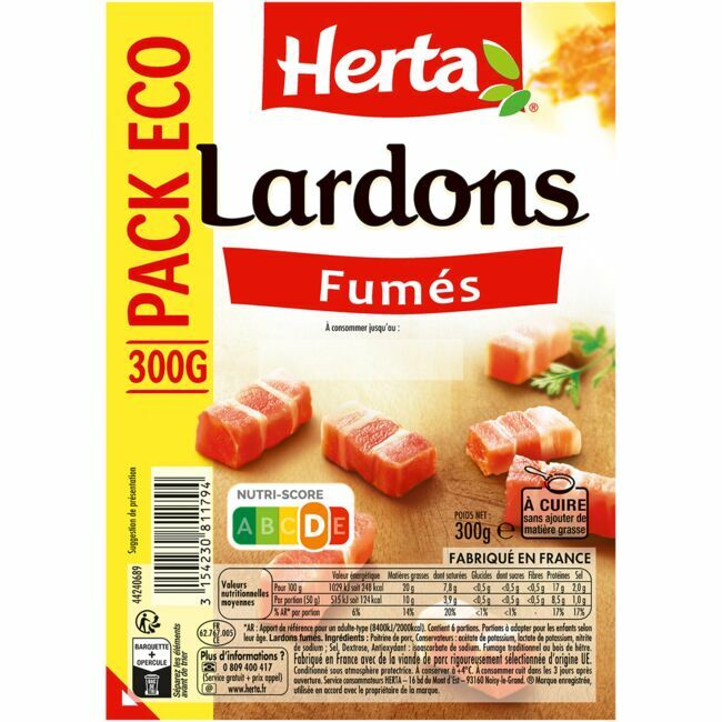 Lardons fumés pack Eco, 3,39 € (la barquette de 300 g), Herta.