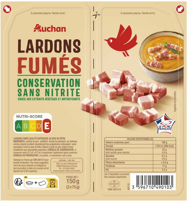 Lardons fumés, 2,09 € (2 x 75 g), Auchan.