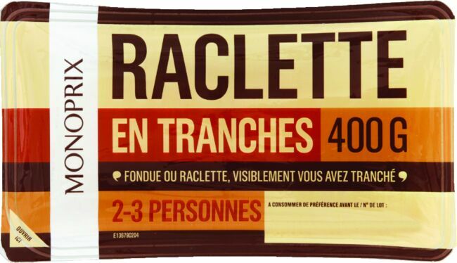 Raclette en tranches, 3,99 € (400 g), Monoprix.