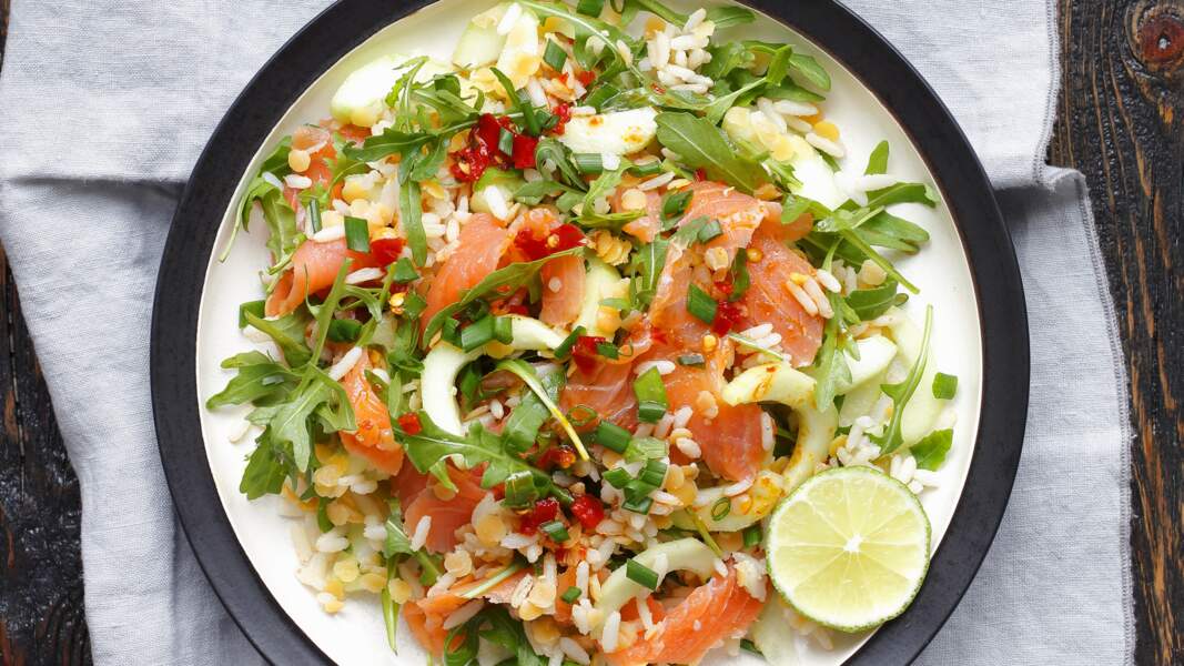 Salade de saumon fumé au riz et lentilles corail		