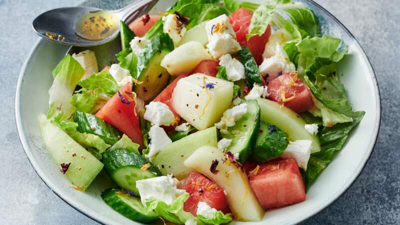 Salade de melon vert pastèque concombre et féta