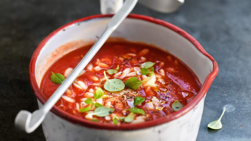 Soupe de tomates au riz orzo et basilic