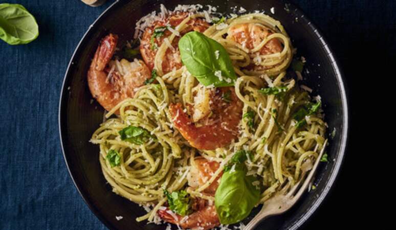 Spaghettis au basilic et crevettes