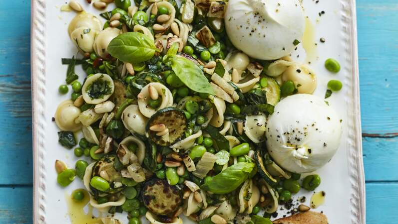 Salade d’orecchiettes aux légumes verts et burrata