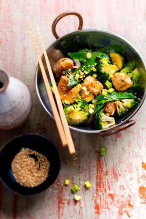 Wok de poulet au brocoli pois gourmands à la sauce soja et sésame