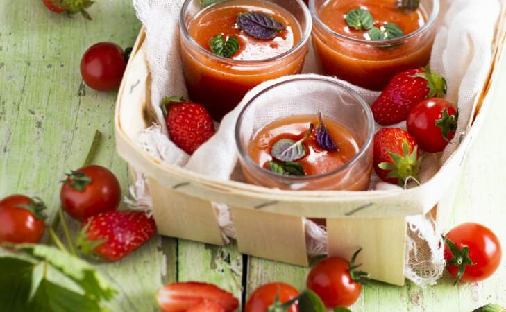 Gaspacho de tomates fraises Gariguette et menthe poivrée