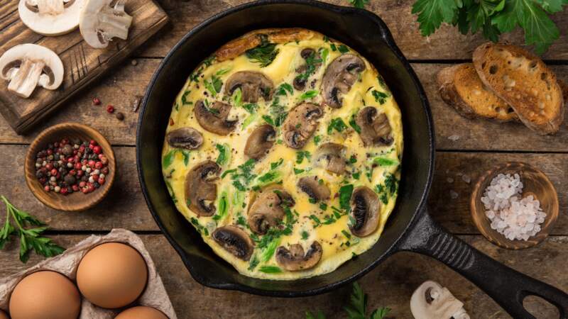 La recette de l'omelette au lard et champignons de Matthias Marc